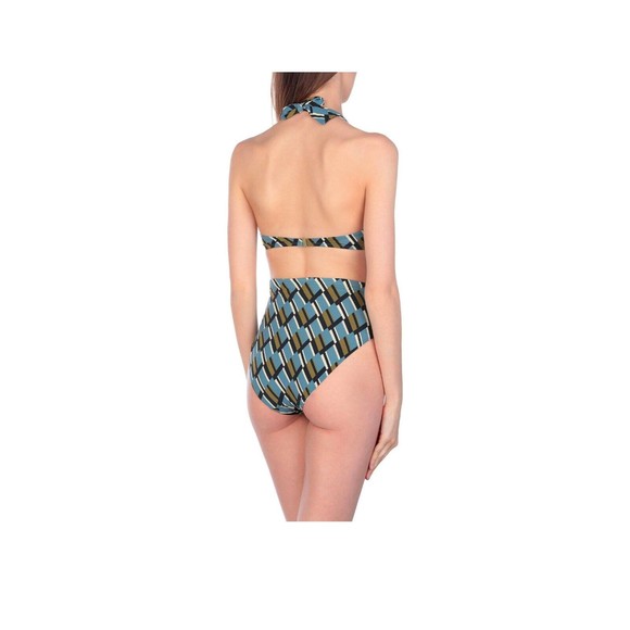 SIYU High Waist Women's Swim Set SZ 8 Clave Stale Blue Geometric Halter Top - Picture 2 of 15